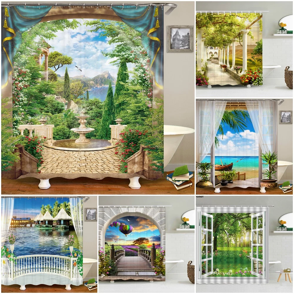 

Flowers Arch Bridge Landscape Shower Curtain Bathroom Decor Screen Mildew Waterproof Ocean Scenery Plant Bath Curtains 200*180cm