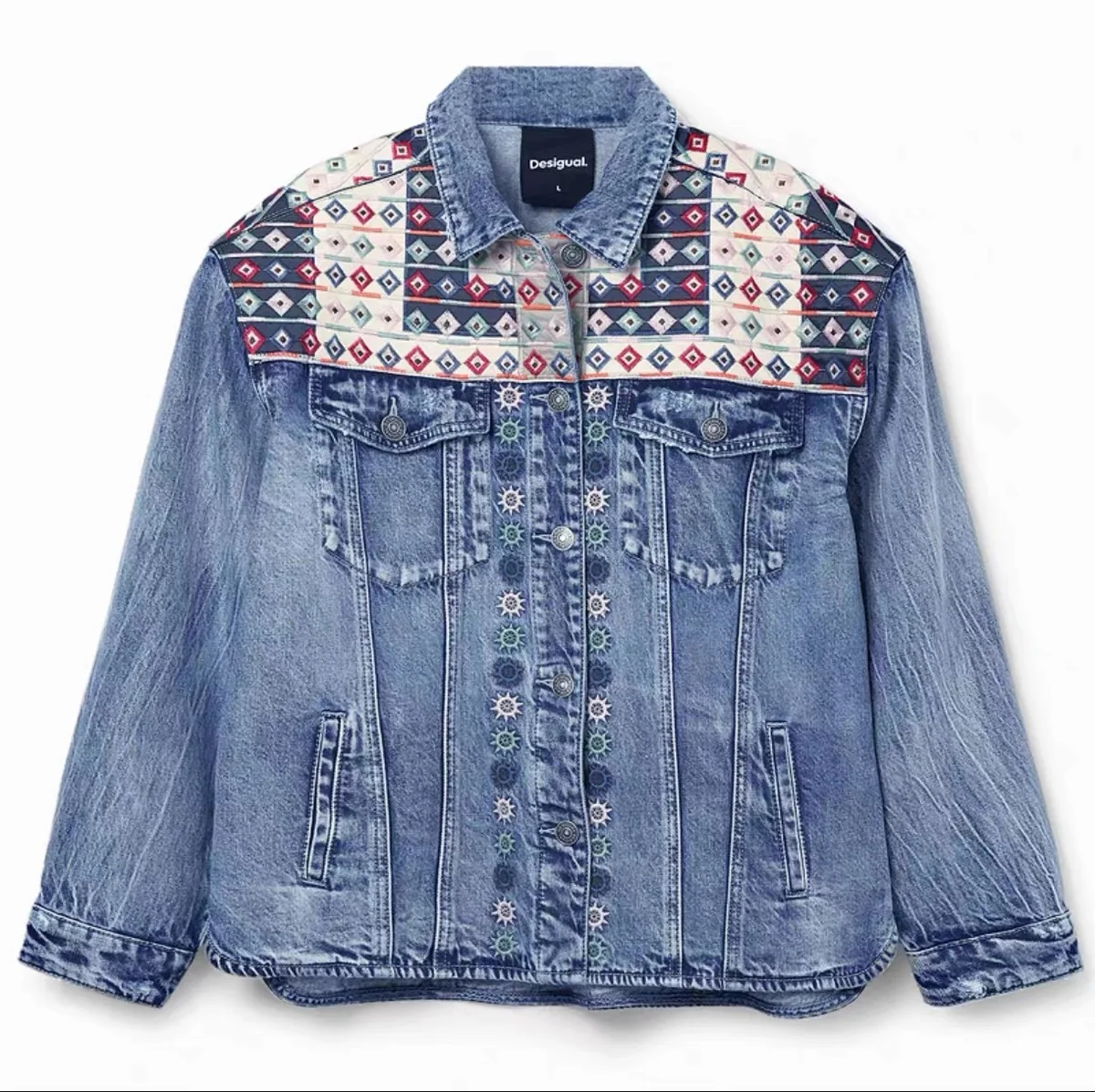 

Foreign trade original order: Spanish Desigual short jacket with embroidered floral patch design and patchwork denim jacket