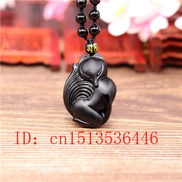 

Natural Black Obsidian Fox Pendant Beads Necklace Fashion Charm Jewellery Hand-Carved Lucky Amulet Gifts for Women Men Free rope