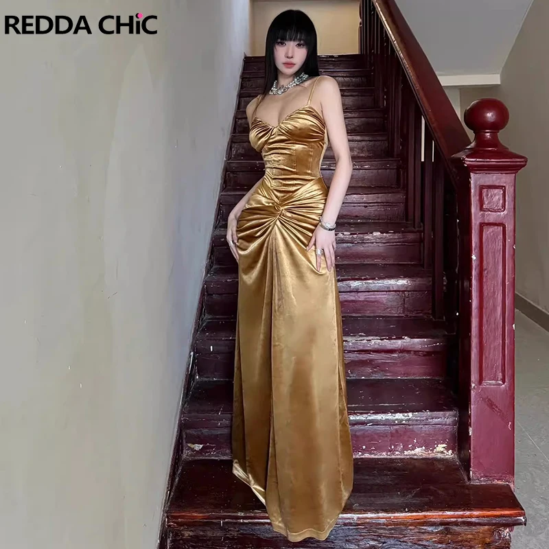 

ReddaChic Pretty Elegant Gold Velvet Evening Dress Women Sleeveless V-neck Ruched Slim Maxi Long One-piece Cami Dress Party Gown
