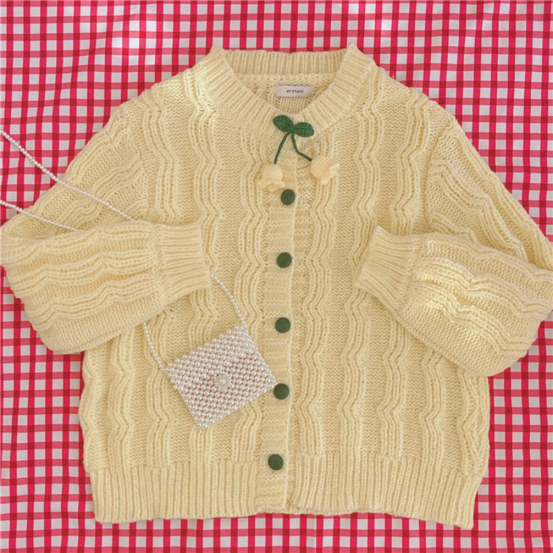 

Korean Fashion Sweet Knitted Sweater Cardigan Women Cute O-neck Casual Knitwear Jackets Female Autumn Kawaii Yellow Jumper Coat