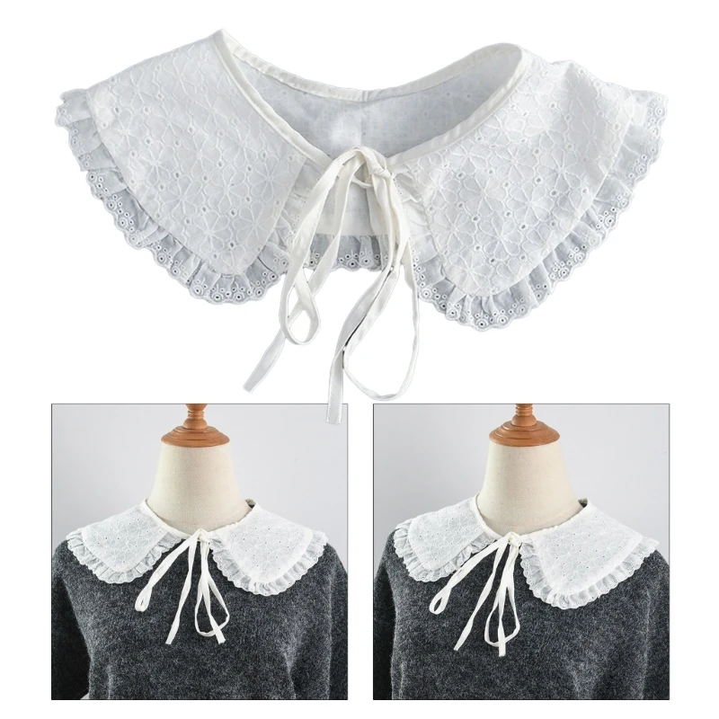 

Woman Lace Neckline Detachable Pleated Trim Collar Hollow out Designed Collar