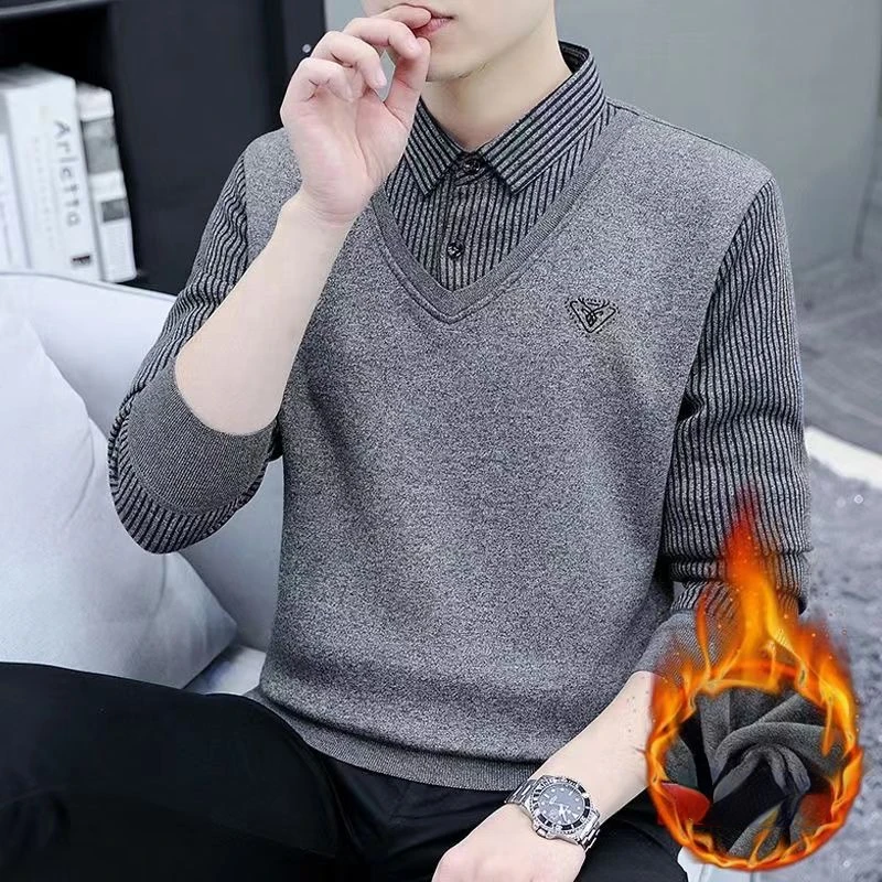 Men's Fake Two-piece Sweater Autumn and Winter Velvet Thickening One-piece Velvet Sweater Shirt Collar Business Sweater Trend
Men's Fake Two-piece Sweater Autumn and Winter Velvet Thickening One-piece Velvet Sweater Shirt Collar Business Sweater Trend