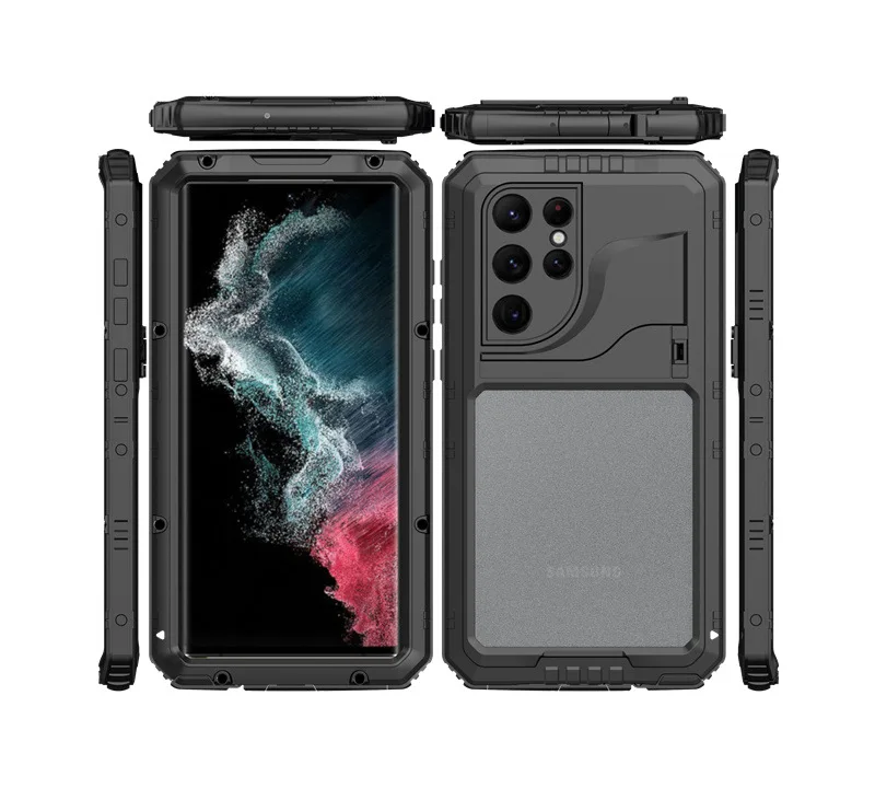 

Heavy Duty Metal Shockproof Armor Phone Case For Samsung Galaxy S22 Plus Ultra With Mechanical Kickstand Fully Wrapped Silica