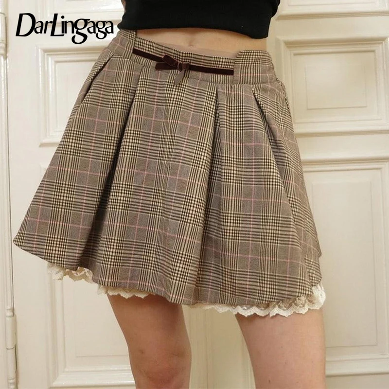 

Darlingaga Vintage Khaki Lace Patched Plaid Skirt Girls Y2K Aesthetic Bow A-Line Mini Skirts Preppy Style Pleated Korean Clothes