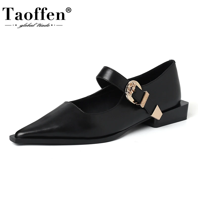 

Taoffen Casual Women's Pumps Comfortable Cowhide Low-heeled Commute Pointed Toe Pumps Fashion Metal Buckle Office Lady Shoes