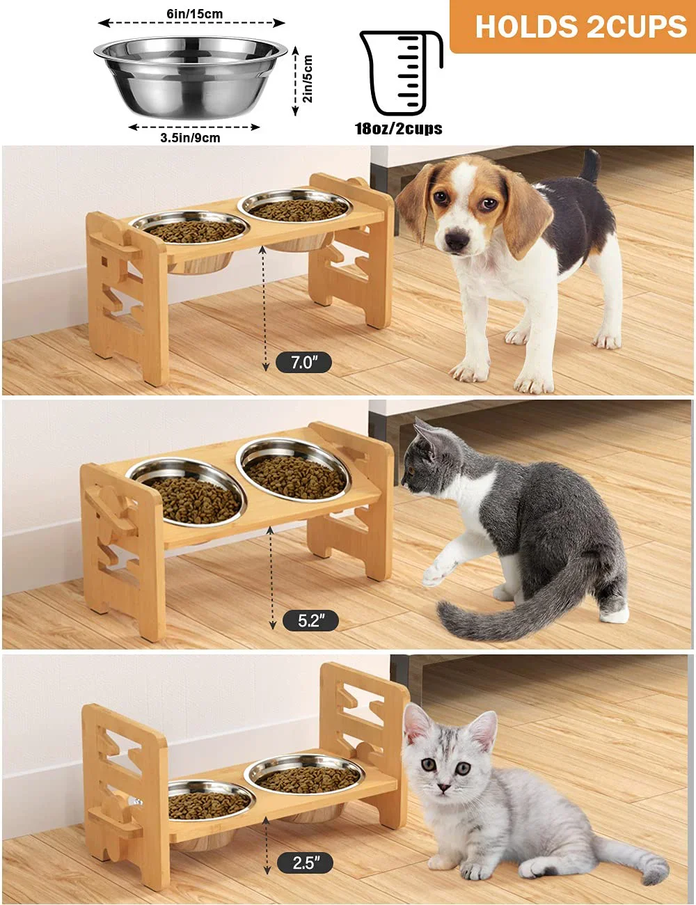 

Поднятая миска для собак и кошек, кормушка из нержавеющей стали с подставкой для щенков, регулируемый бамбуковый держатель воды, для еды