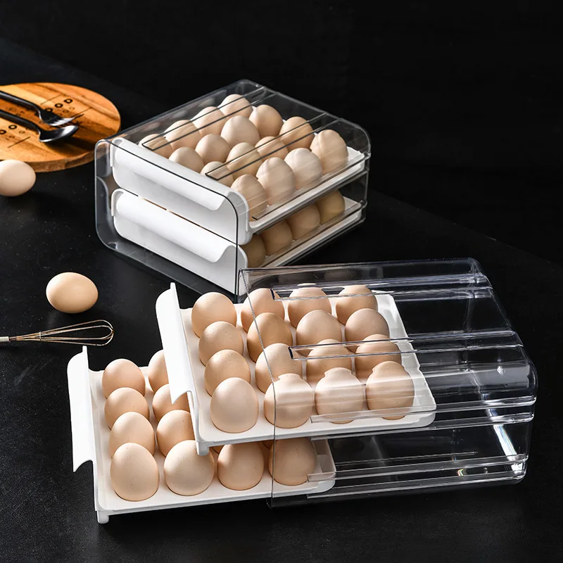 

Household Kitchen Egg Storage Box 32 Double Drawer Storage Rack Transparent Refrigerator Fresh-keeping Box