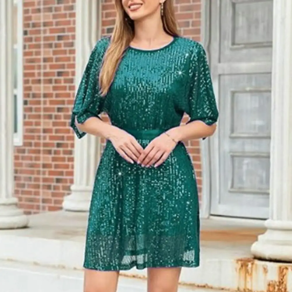 

Women Dress Half Split Bat Sleeve Round Neck Loose Shiny Sequin Double-layered Belted Tight High Waist Party Lady Mini Dress