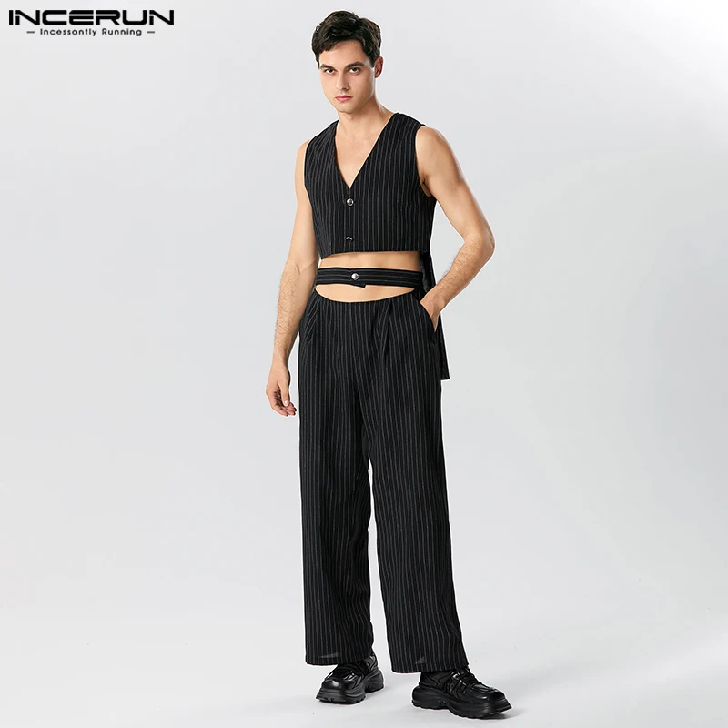 

INCERUN 2023 American Style New Men Fashion Sets Striped Short Irregular Hem Vests Hollow Long Pants Casual Two Piece Sets S-5XL