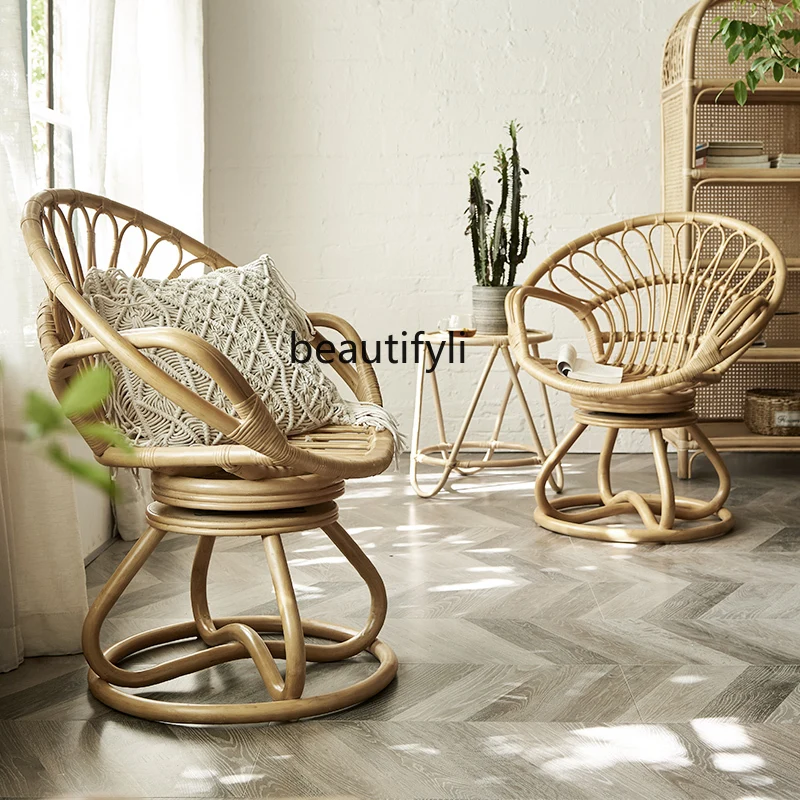 

HJ Rattan Chair Balcony Leisure Small Table and Chair Single Courtyard Bed & Breakfast Real Rattan Woven Sofa Chair