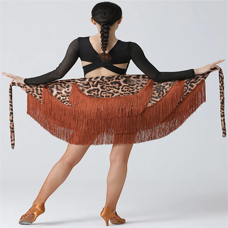 

Women Latin dance adult female practice costume leopard print dance skirt fringed hip scarf square dance irregular dance apron