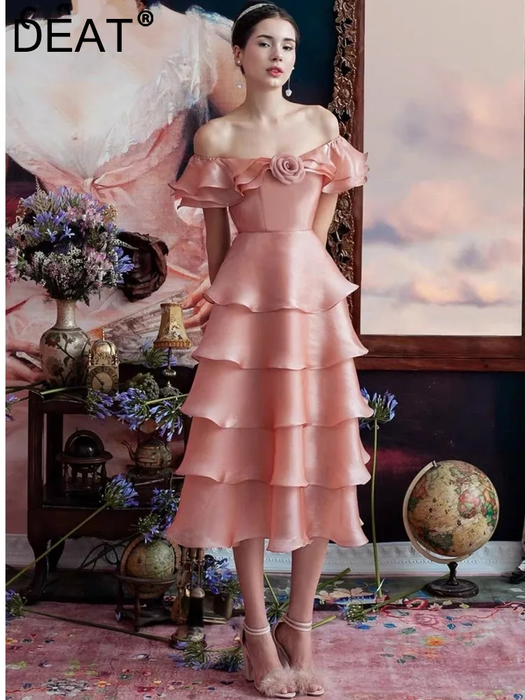 

DEAT Slash Neck Dress Multi Layered Ruffled High Waist Spliced Flower Women's Cake Dresses 2024 Spring New Fashion 13DB2834