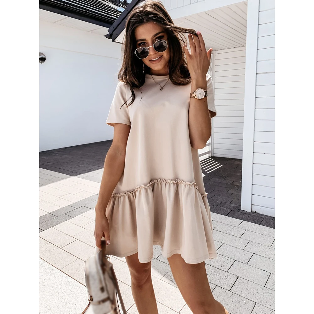 

Ruffles Splic Mini Dresses For Women Casual Simple Style Solid Loose Lady Short Sleeves T-shirt Dress 2024 Summer New Vestidos