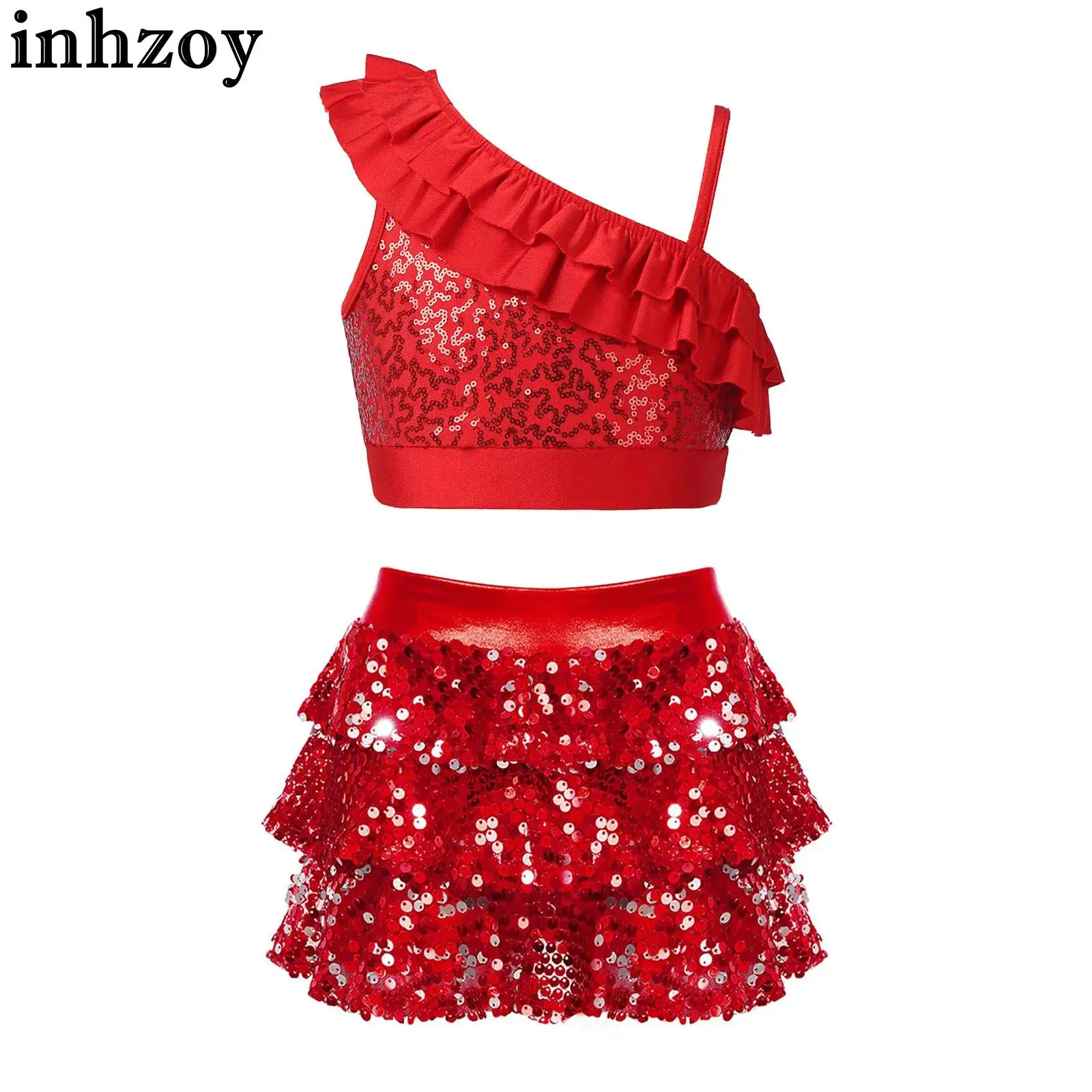 

Kids Girls Sequins Jazz Dance Costume Shiny Crop Top Vest with Shorty Skirted Carnival Cheerleading Stage Performance Dancewear