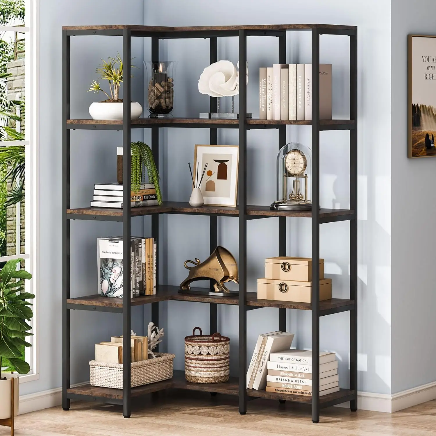 

Tribesigns 5-Shelf Corner Bookshelf, 67" Tall Industrial Corner Shelf Stand Etagere Bookcase, Large Book Shelf with Metal Frame