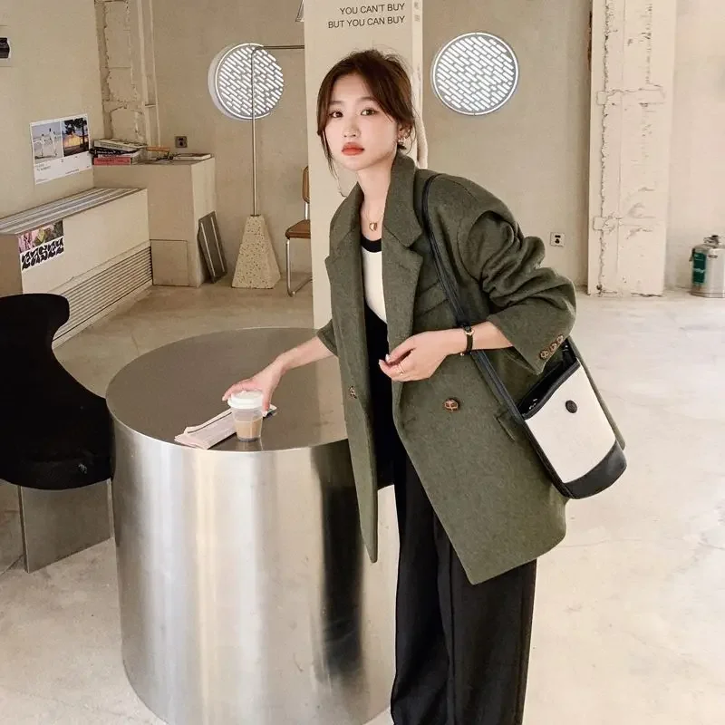 

UNXX 2024 Autumn Winter Retro Short Woolen Blazer Suits Jacket Commuter Solid Loose Single Breasted Suit Woolen Jackets Women