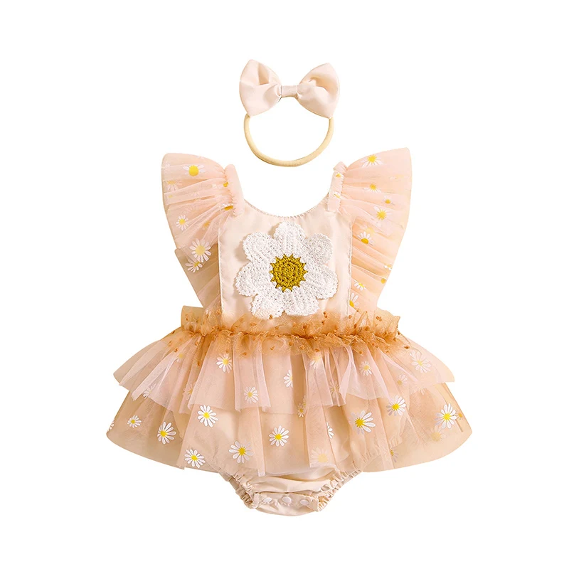 

Newborn Baby Girl Outfit Fly Sleeve Flower Romper Dress with Bow Hairband Summer Clothes