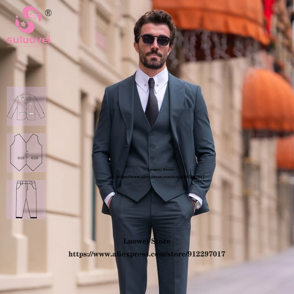 

Classic Peaked Lapel Suits For Men Slim Fit Wedding Groom 3 Piece Pants Set Formal Dinner Prom Tuxedo Costume Homme Pour Mariage