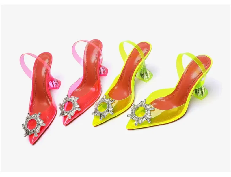 

size 44 45 Women PVC Pointed toe Rhinestones Slingback Pumps lady High heels Elegant Wedding Shoes Crystal Clear heeled Sandals