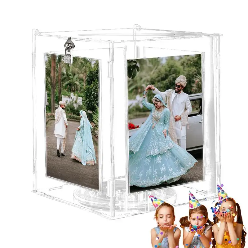 

Acrylic Card Box Rotatable Picture Frame Holder Clear Wedding Envelope Money Card Box For Wedding Reception Toddler Shower