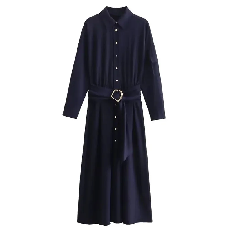 

TRAF Commuter Belted Midi Shirtdress Woman Autumn Long Sleeves Lapel Dresses Pocket Elastic Waist Vestidos 2023 Button Up Dress