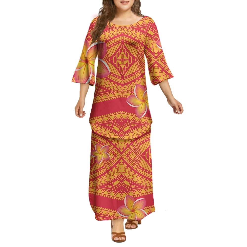 

Factory Price Trumpet Sleeve Puletasi Dress Two Piece Hawaii Polynesian Tribal Design Big People 8XL OEM Polynesian Dress