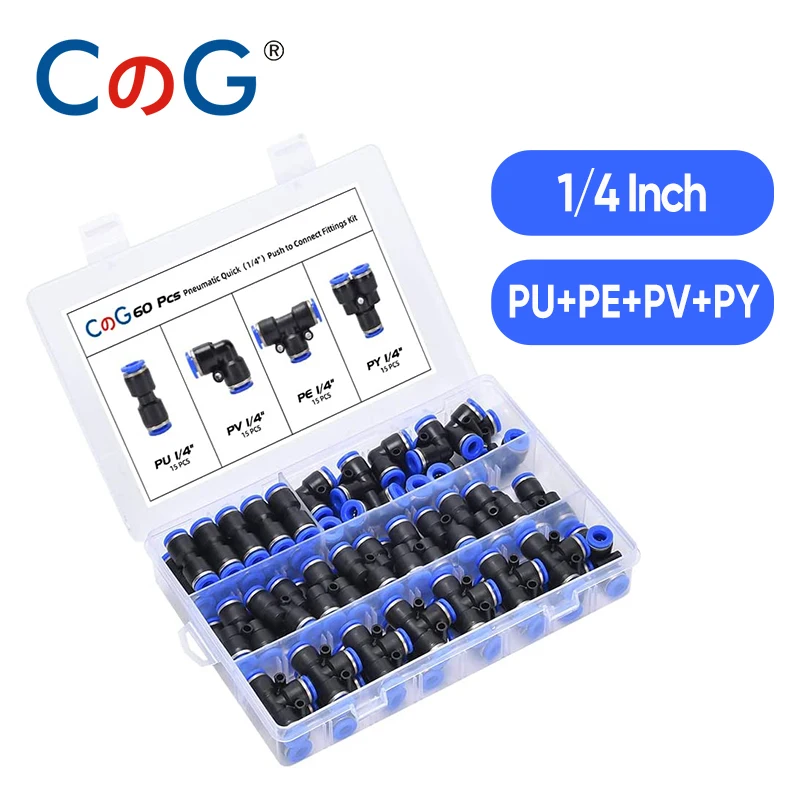 

CG 60Pcs/Box Set Air Hose Connector 1/4 Inch OD PU+PE+PV+PY Air Pipe Tube Quick Release Pneumatic Push to Connect Fittings Kit