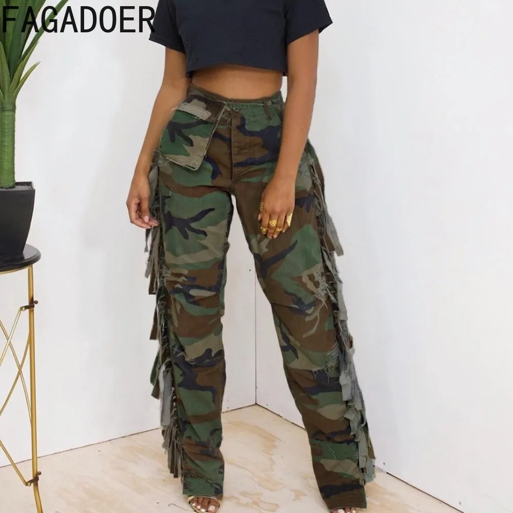 

FAGADOER Spring New Camouflage Printing Tassels Pants Women High Waisted Button Pocket Trousers Casual Female Streetwear Bottoms