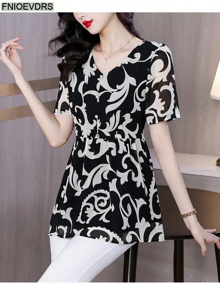 L-5XL Loose Clothes 2024 Women Summer Elegant Ruffles Button Shirts Retro Patchwork Black Floral Tunic Peplum Tops And Blouses L-5XL Loose Clothes 2024 Women Summer Elegant Ruffles Button Shirts Retro Patchwork Black Floral Tunic Peplum Tops And Blouses