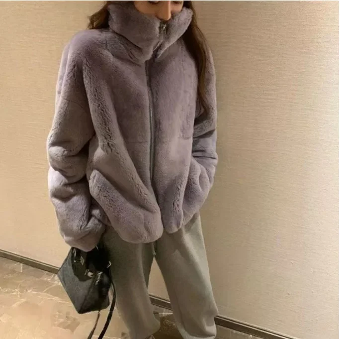 

Faux Fur Women Coats Solid Regular Stand Collar Splice Full Sleeve Casual Loose Jackets Thick Warm Outerwear Autumn Winter 2024