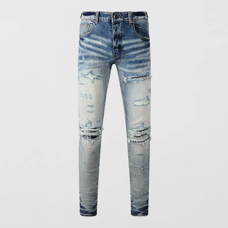 

Джинсы мужские Стрейчевые в стиле ретро, модные рваные джинсы скинни, бандана, дизайнерские Брендовые брюки с заплатками в стиле хип-хоп, синие