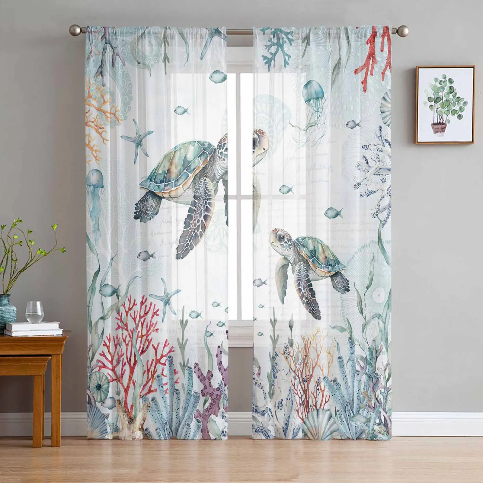 

Summer Ocean Coral Sea Star Sea Turtle Tulle Sheer Window Curtains for Living Room Kitchen Bedroom Voile Hanging Curtain