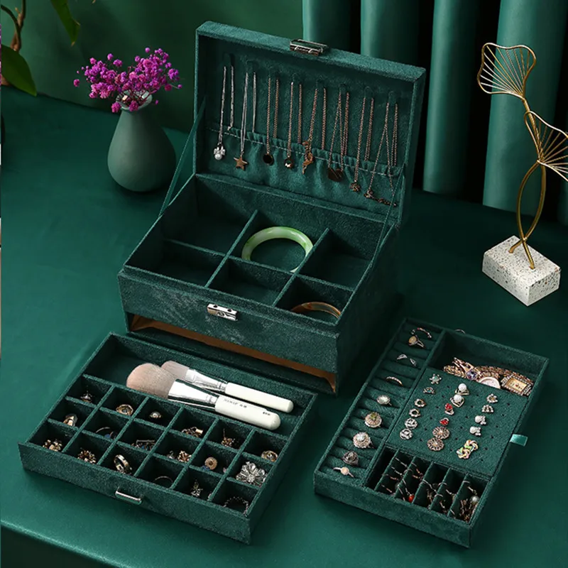 

Женский фланелевый органайзер для ювелирных изделий, вместительный чехол зеленого цвета с замком для хранения колец, ожерелий, макияжа, шкатулка для украшений