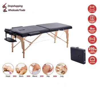Massage Table Portable 2 Section Folding Couch Bed Lightweight Beauty Salon Tattoo Therapy Wooden Frame 70 cm width -Black