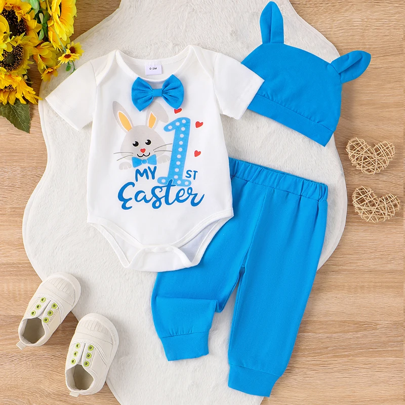 

Baby Boys 2Pcs Easter Outfits Short Sleeve Bunny Print Bowtie Romper Pants Hat Set Newborn Clothes