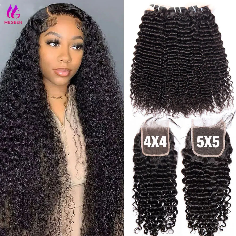 

Megeen Deep Wave Human Hair Bundles With Closure 5X5 Transparent Lace Closure With Bundles 4X4 Curly Remy Human Hair Extensions