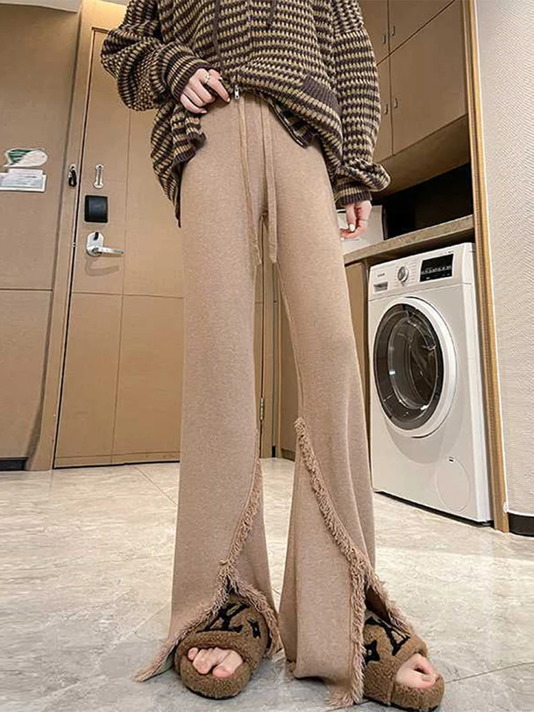 

Tassel Knit Pants Women Fringes Split Casual Loose Female Flare Pant 2023 Winter New Solid Drawstring Elastic Lady Trousers