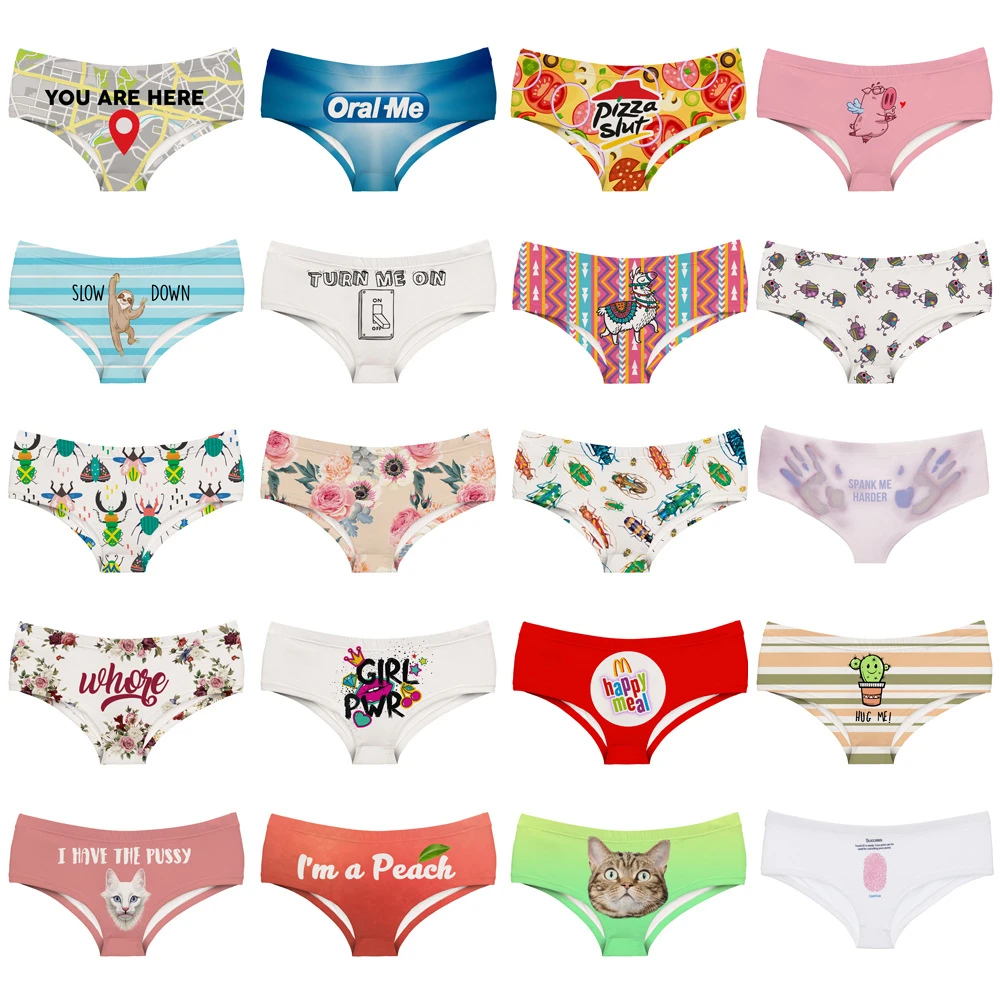 

Lettered Insects, animals and plants printed seamless breathable ladies underwear low-waisted European and n sexy briefs KT006