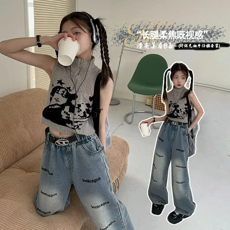 

spring summer cartoon zipper sleeveless top Letter embroidered jeans girls clothes sets enfant fille kid suit childer outfits 12