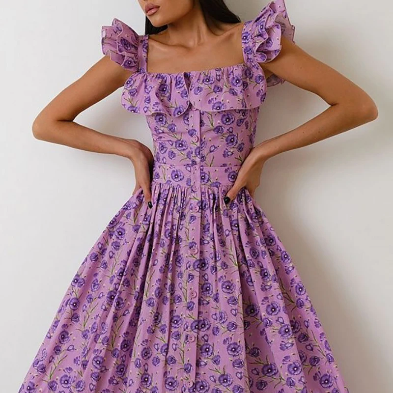 Fashion Button High Waist Long Dresses Summer Casual Floral Print Holiday Dress Sexy Lady Square Neck Flying Sleeve Party Dress
Fashion Button High Waist Long Dresses Summer Casual Floral Print Holiday Dress Sexy Lady Square Neck Flying Sleeve Party Dress