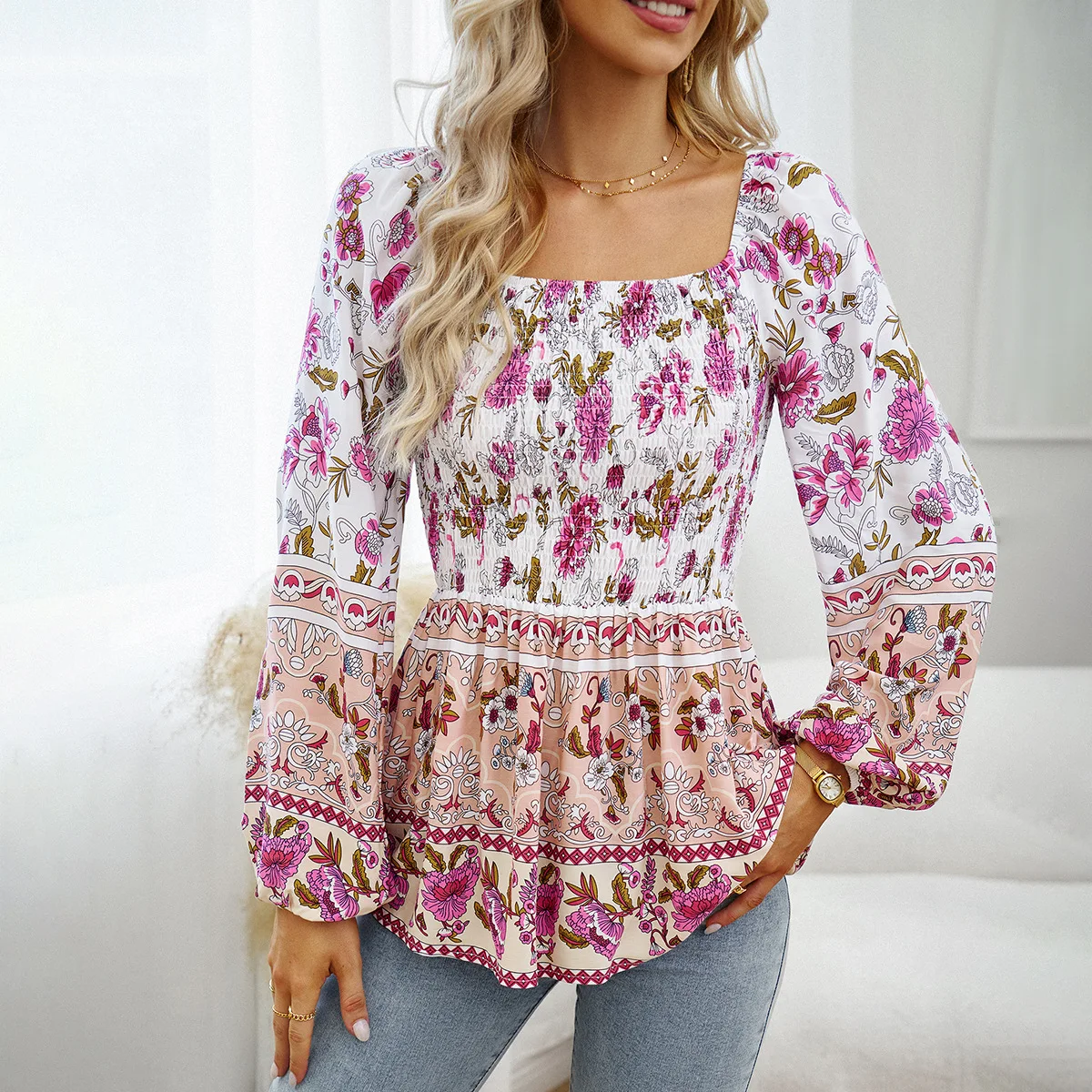 YEAE Bohemian Printed Long Sleeve Top One Shoulder Square Neck Floral Backless Bubble Sleeve Tee Commuter Vacation Holiday Dress
YEAE Bohemian Printed Long Sleeve Top One Shoulder Square Neck Floral Backless Bubble Sleeve Tee Commuter Vacation Holiday Dress