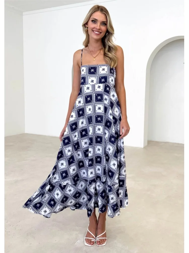 

Sexy Printed Spaghetti Strap Long Dresses For Women Sleeveless Backless A-line Maxi Dress Female Casual Vacation Beach Vestidos