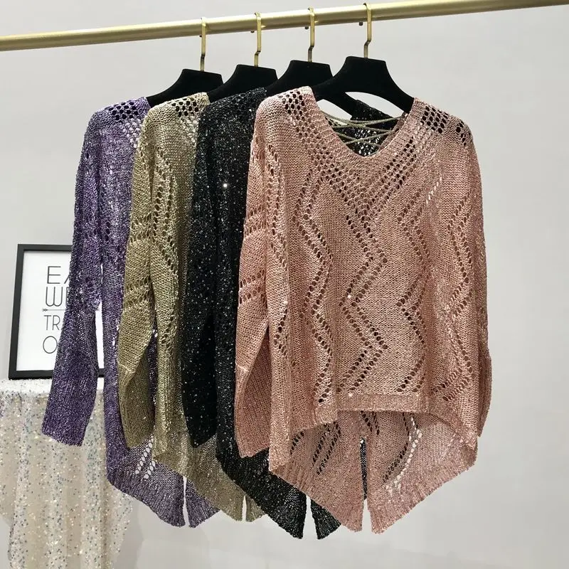 Autumn and Winter Beaded Gold Thread Loose Large Bat Sleeve Hollow Sequined Sweater Sparkling Backless Tie Top Women's Tide
Autumn and Winter Beaded Gold Thread Loose Large Bat Sleeve Hollow Sequined Sweater Sparkling Backless Tie Top Women's Tide