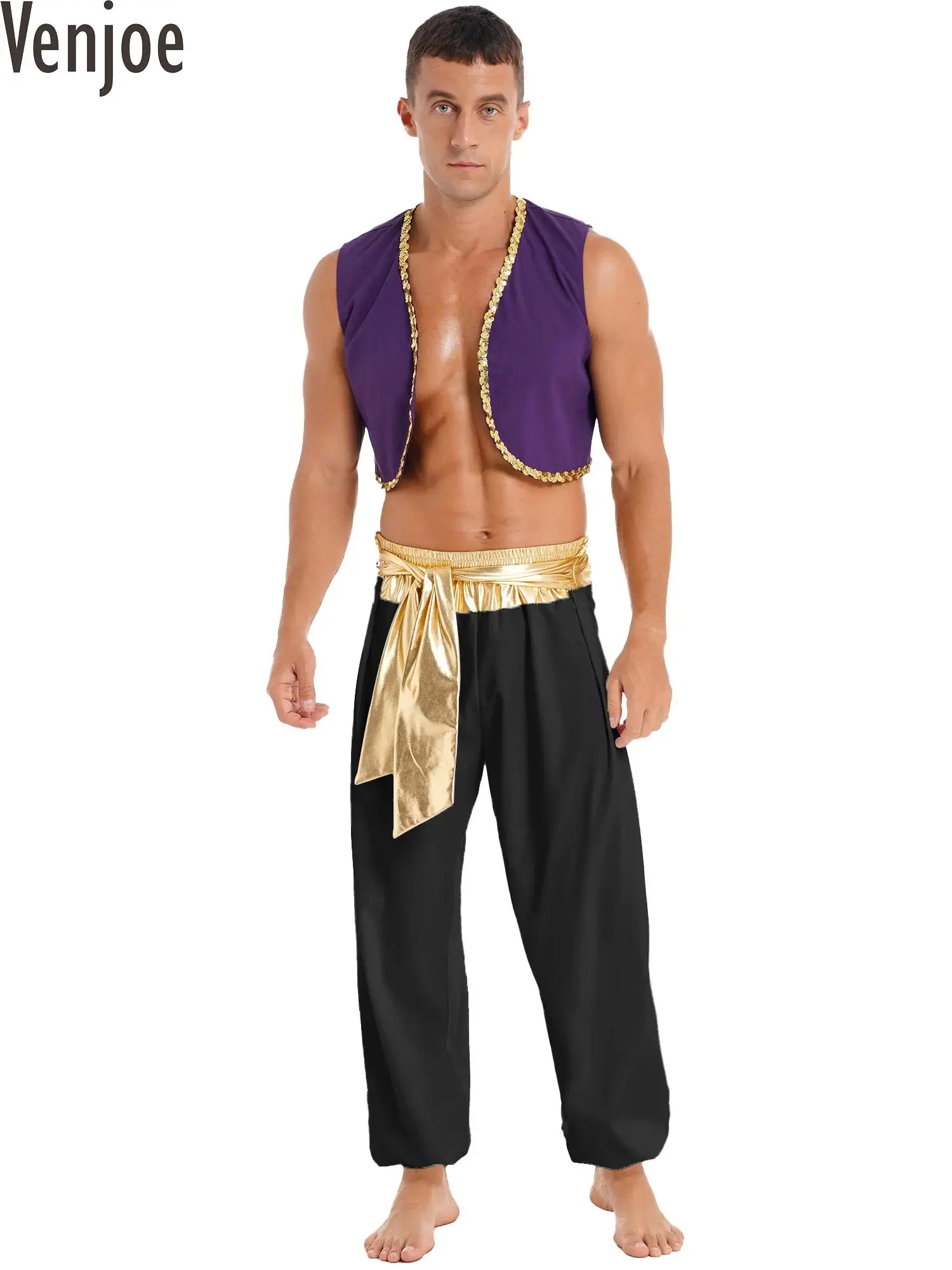 

Mens Halloween Arabian Prince Cosplay Costume Carnival Party Aladin Role Play Outfit Sequin Trim Waistcoat with Belted Pants