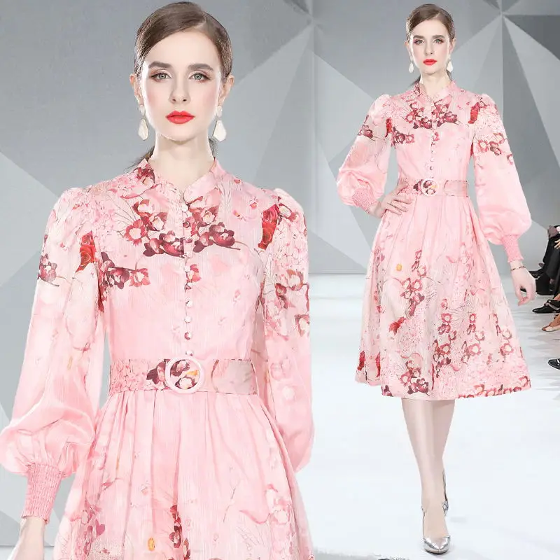 Vintage Long Lantren Sleeve Mid Length Women Summer Dresses Sweet Pink Color Flower Printed Single Breasted Leisure Vestidos
Vintage Long Lantren Sleeve Mid Length Women Summer Dresses Sweet Pink Color Flower Printed Single Breasted Leisure Vestidos
