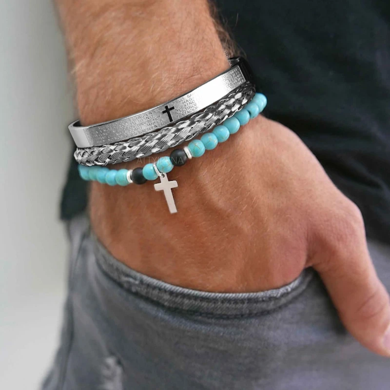 3pcs/Set Men Stainless Steel Carving Spanish Scripture Bangle Stone Beads Cross Bracelet Luxury Handmade Jewelry Pulseras
3pcs/Set Men Stainless Steel Carving Spanish Scripture Bangle Stone Beads Cross Bracelet Luxury Handmade Jewelry Pulseras