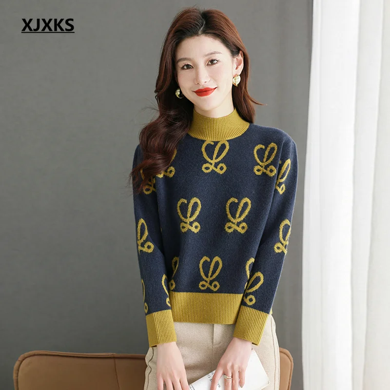 

XJXKS Fashion Printing Wool Knit Pullover 2024 Winter New High-end Temperament Women's Turtleneck Sweater