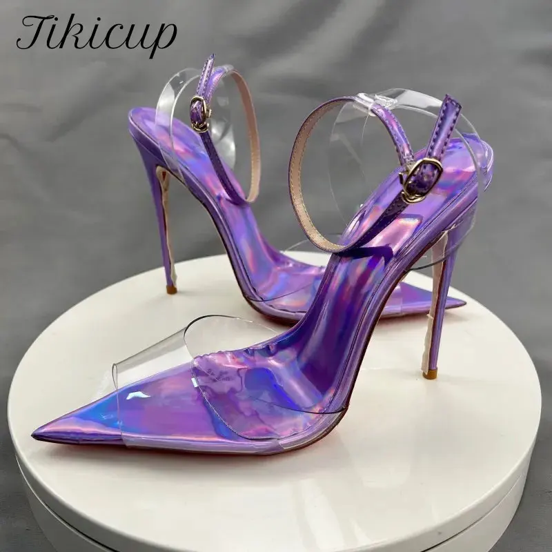 

Tikicup Summer Designer Women Transparent Peep Toe High Heel Sandals Sexy Stiletto Pumps Ankle Buckles PVC Shoes 12cm 10cm 8cm