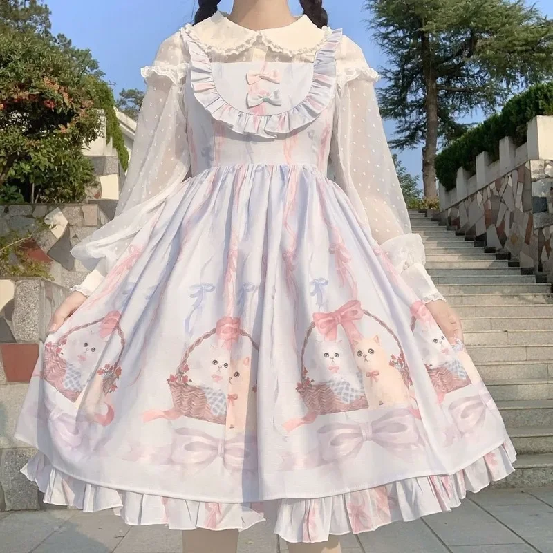

QWEEK Kawaii Lolita Dress Women Girls JSK Lolita Kawaii Cute Cats Tea Party Dresses Ruffles Cosplay Spring Summer Slip Dress